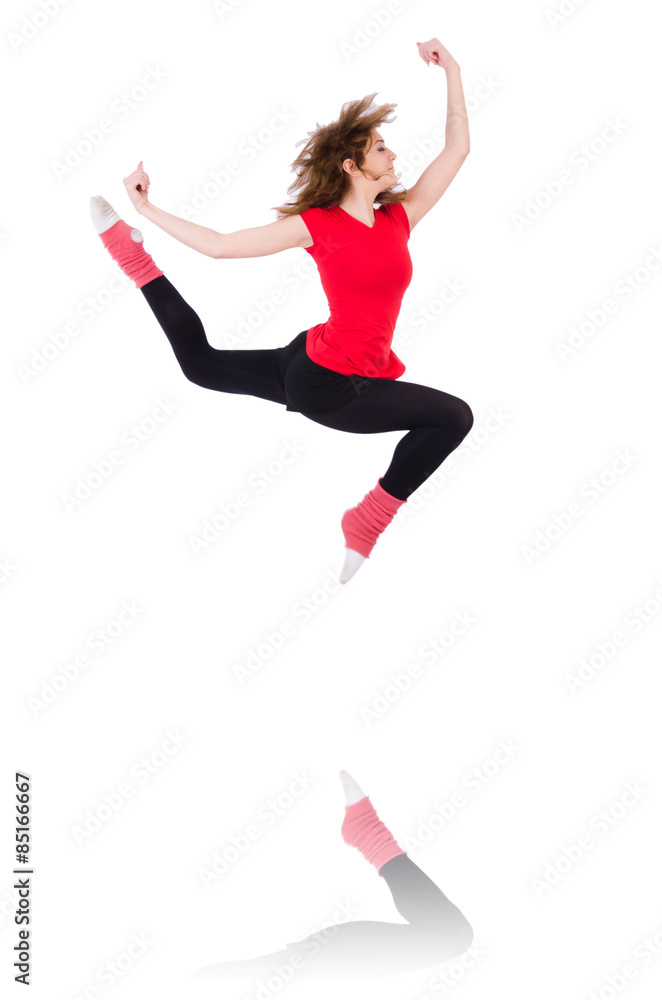 Woman doing exercises on white