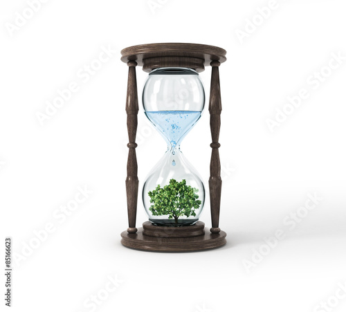 Life process of tree inside Glass clock, Isolated On White