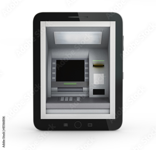 Online payments concept. Tablet PC with ATM and Credit Card on a