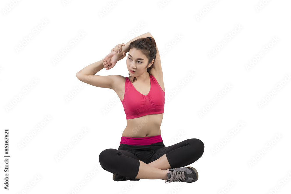 asian young woman wearing pink and black fitness outfit on white asian young woman wearing pink and black fitness outfit on white