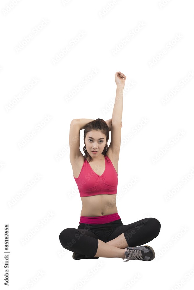 asian young woman wearing pink and black fitness outfit on white asian young woman wearing pink and black fitness outfit on white