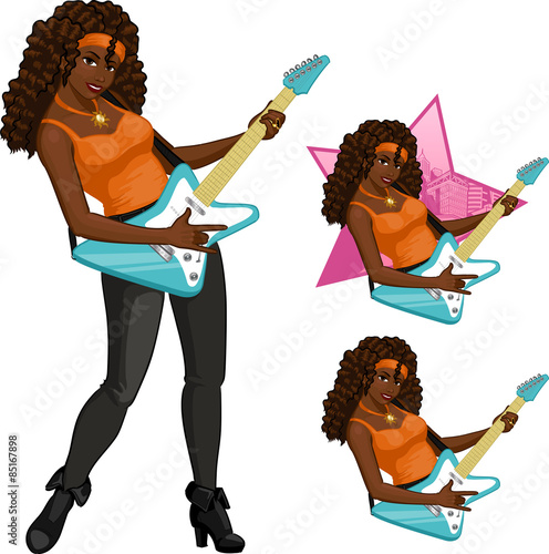 Rock star guitarist African American girl cartoon style
