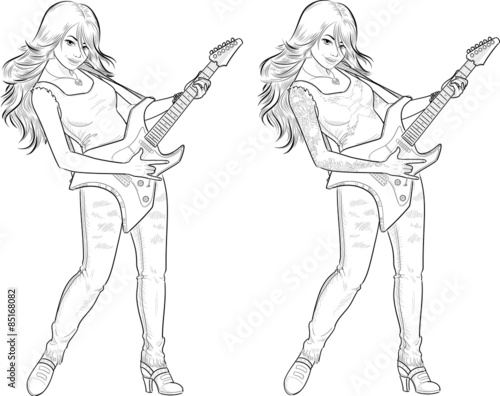 Rock star guitarist girl lineart