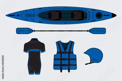 Blue flat rafting set with kayak, helmet, paddle, sweam suit and life jacket