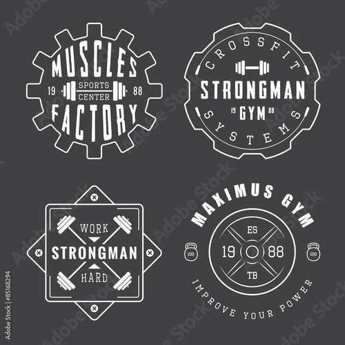 Set of gym logos, labels and slogans in vintage style