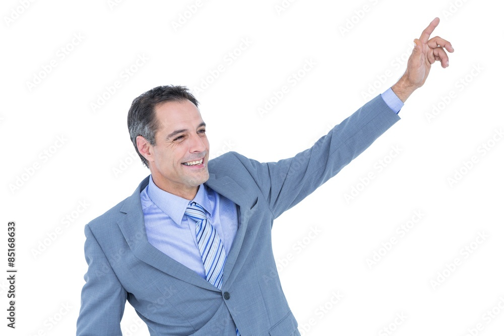 Cheerful businessman raising his hand Cheerful businessman raising his hand