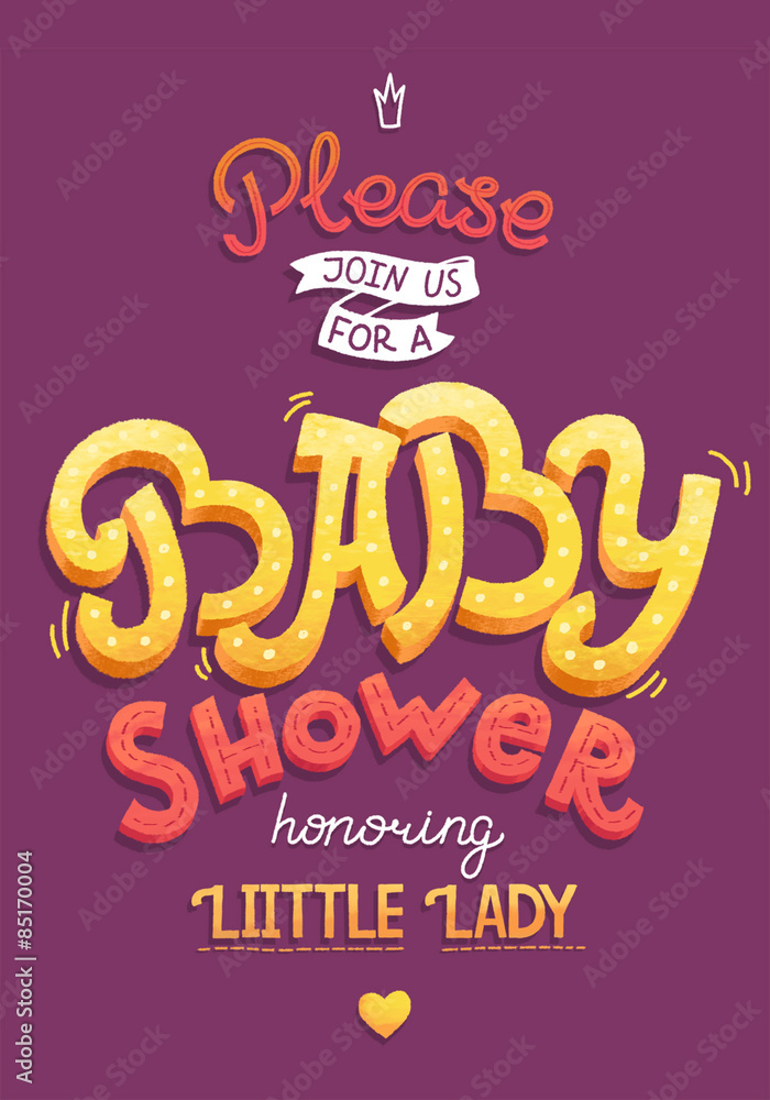 Baby shower card invitation. Typography greeting card little baby girl.