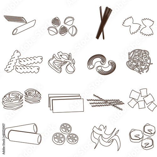 types of pasta food outline icons set eps10