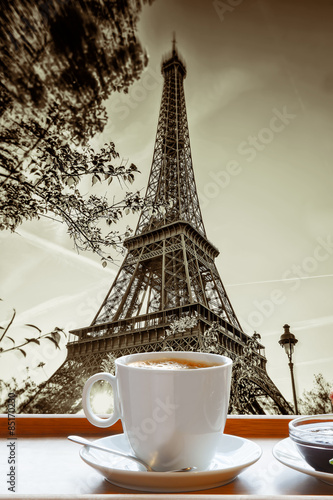 Eiffel Tower with cup of coffee in art style  Paris  France
