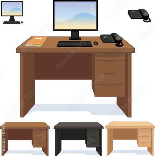 Wooden desk with computer telephone and papers