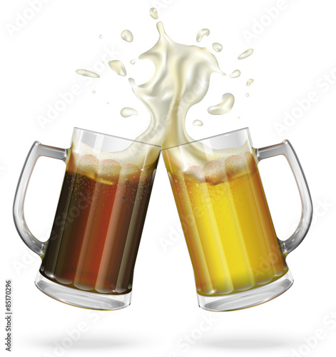 Two mugs with ale, light or dark beer. Mug with beer. Vector