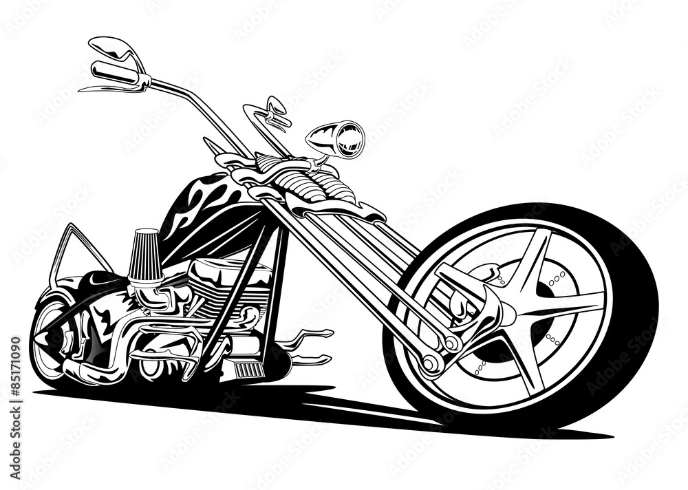 Fototapeta premium Niestandardowy amerykański motocykl Chopper, czarno-biały ilustracja wektorowa