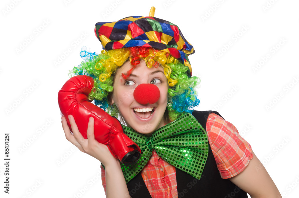 Female clown with box gloves isolated on white Female clown with box gloves isolated on white