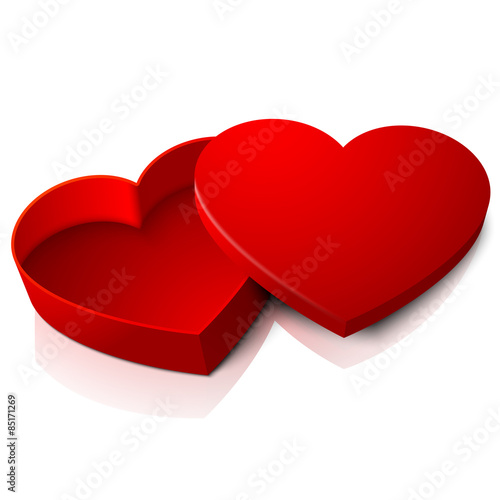 Vector realistic blank bright opened red heart shape box with