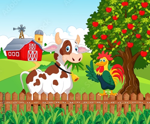 Happy cow and chicken in the farm