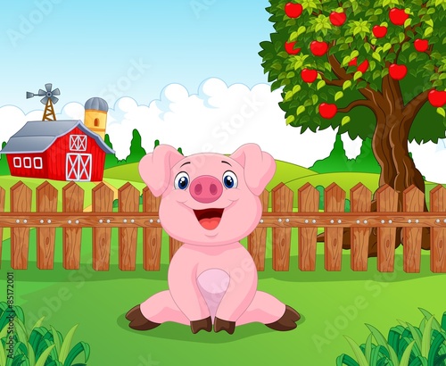 Cartoon adorable baby pig on the farm