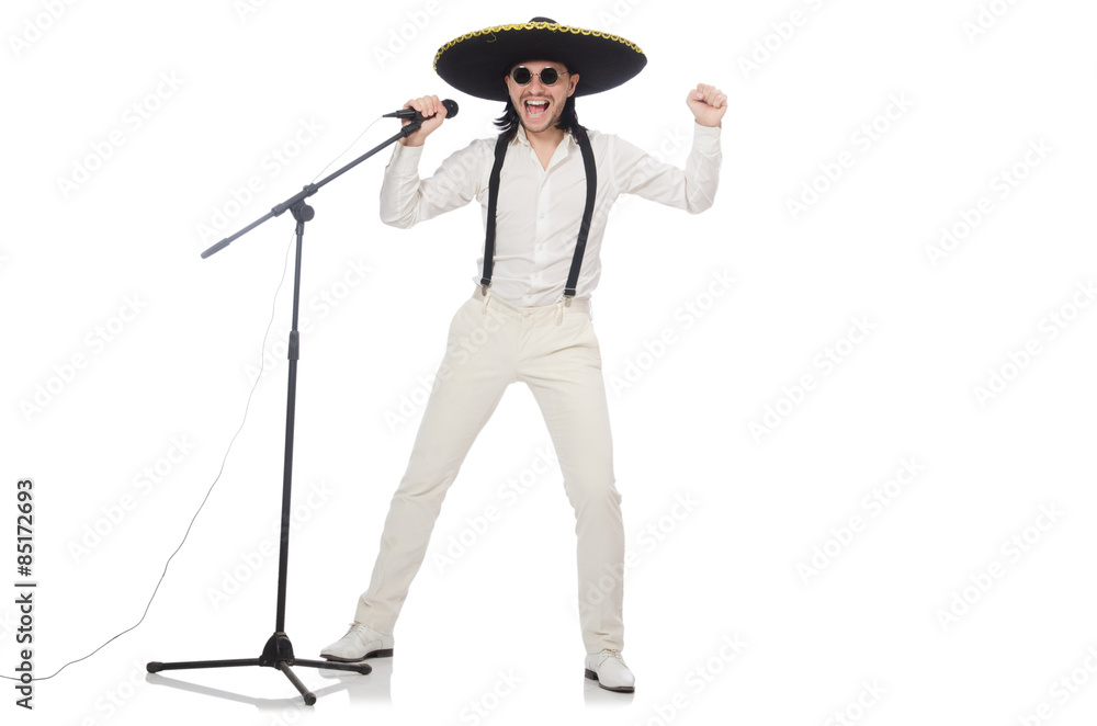 Funny man wearing mexican sombrero hat isolated on white Funny man wearing mexican sombrero hat isolated on white