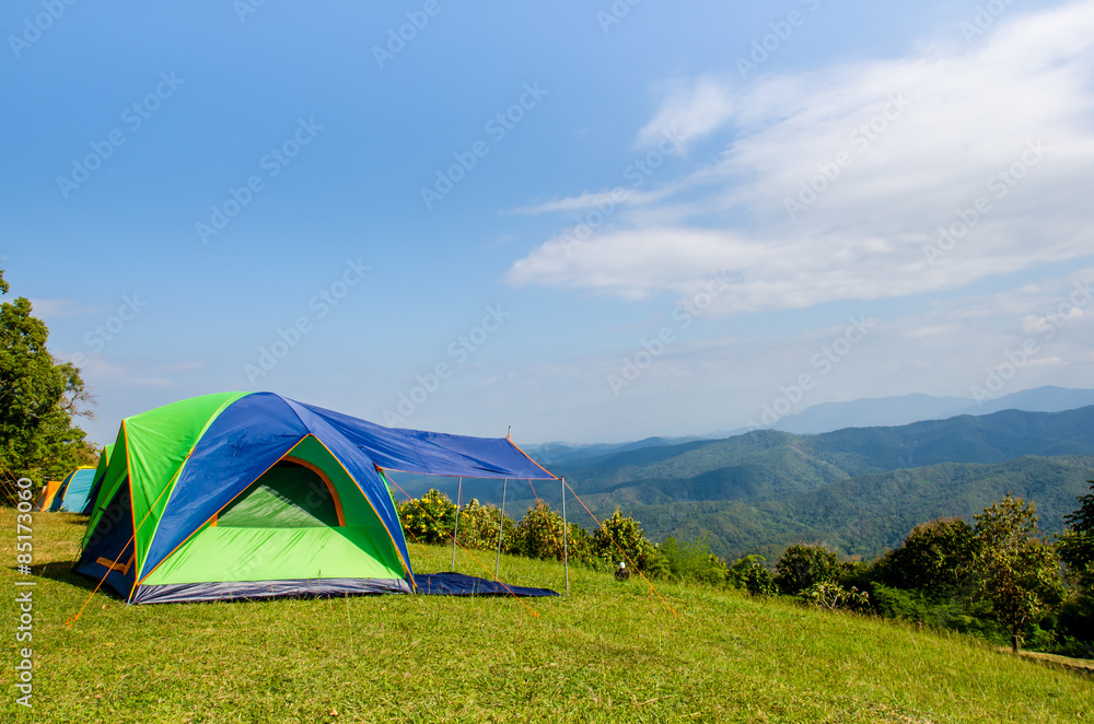 Tourists tent on the mountain in nice day at Thailand.