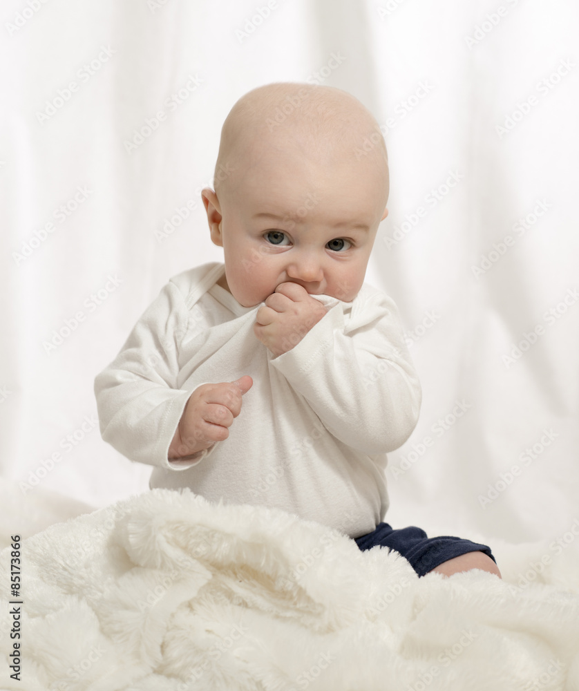 Beautiful Baby Boy with White Background & Blanket in Studio Beautiful Baby Boy with White Background & Blanket in Studio