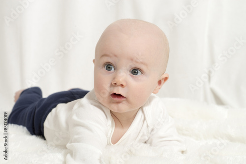 Beautiful Baby Boy with White Background & Blanket in Studio