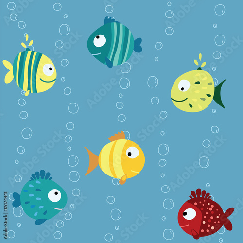 Seamless children pattern with variety blue, yellow, red fish with  circle, drops and stripes on a blue background with bubbles Vector illustration eps 10