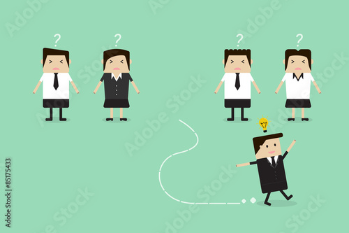 Businessman running away from his team with idea.