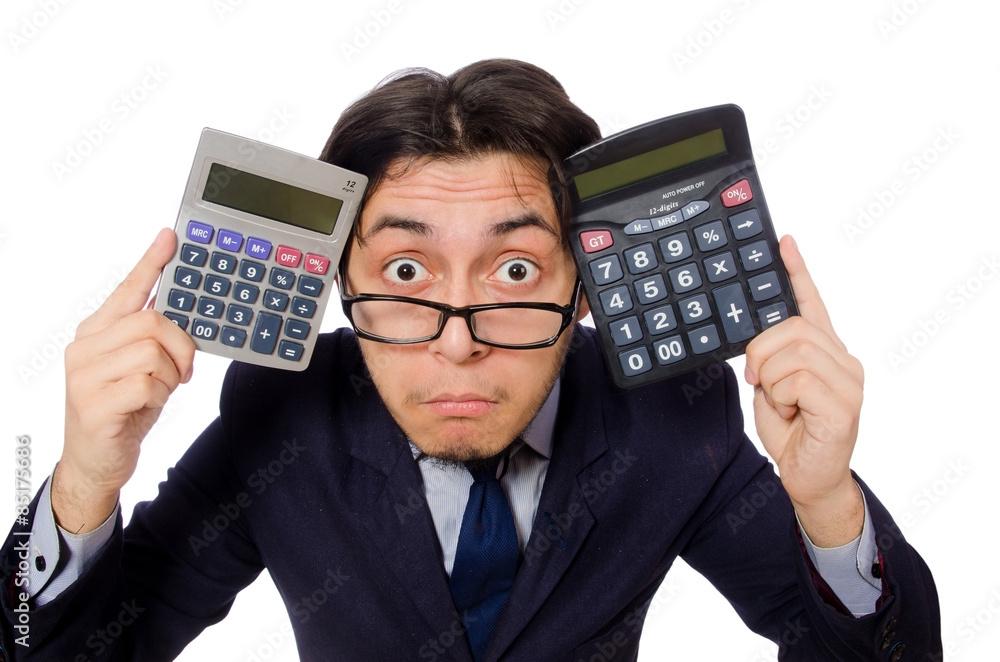 Funny man with calculator isolated on white Funny man with calculator isolated on white