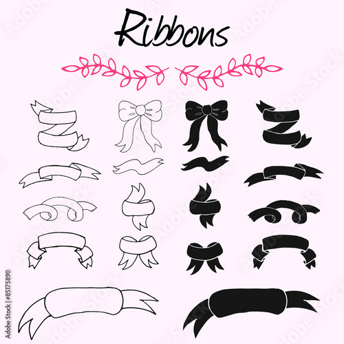 Hand drawn vector set of ribbons. White and black sketchy collection