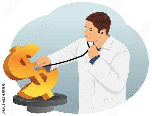 Doctor with stethoscope is listening heartbeat of a dollar sign