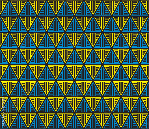 Yellow and blue color line triangle on black color background seamless pattern vector. Inspiration from pharaoh headdress.