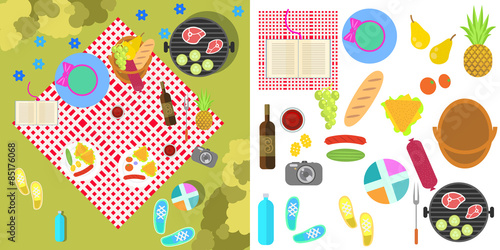 Summer picnic nature landscape with blanket and basket of food, top view. Isolated barbeque flat objects on white