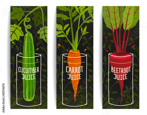 Dieting Carrot Cucumber Beet Juices Hand Drawn Design on Dark