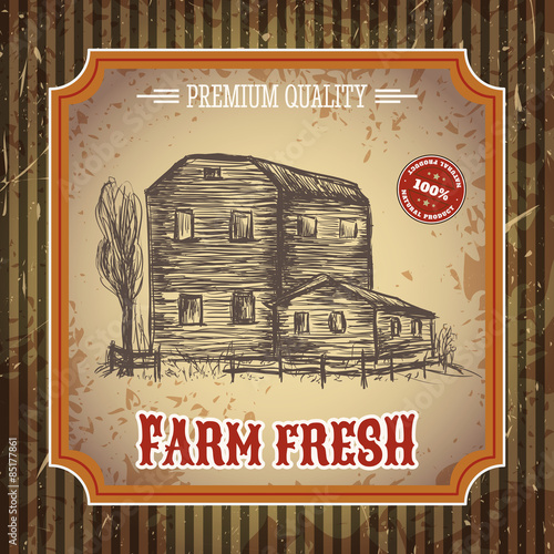 organic farm vintage poster with farmhouse on the background texture of wooden boards. Retro hand drawn vector illustration in sketch style