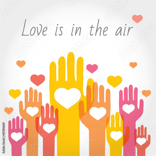 Valentine's or support background, greeting card with hands and hearts.