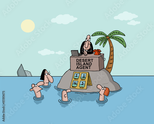 Conceptual cartoon about  an estate agent selling desert islands