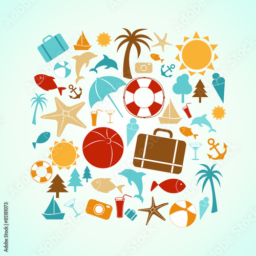 Set of vector summer icons contain holiday, travel and vacation things