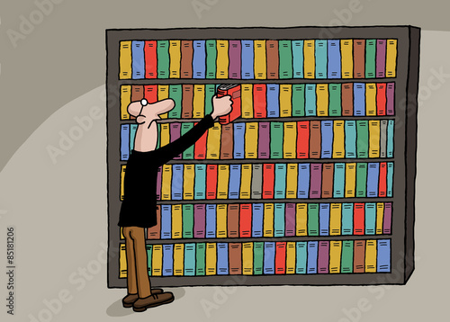 Cartoon of a man selecting book from bookcase
