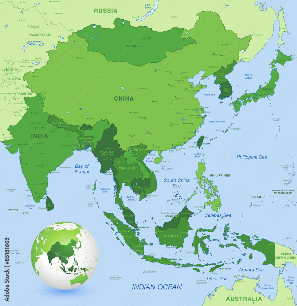 High detail vector map of far east Asia