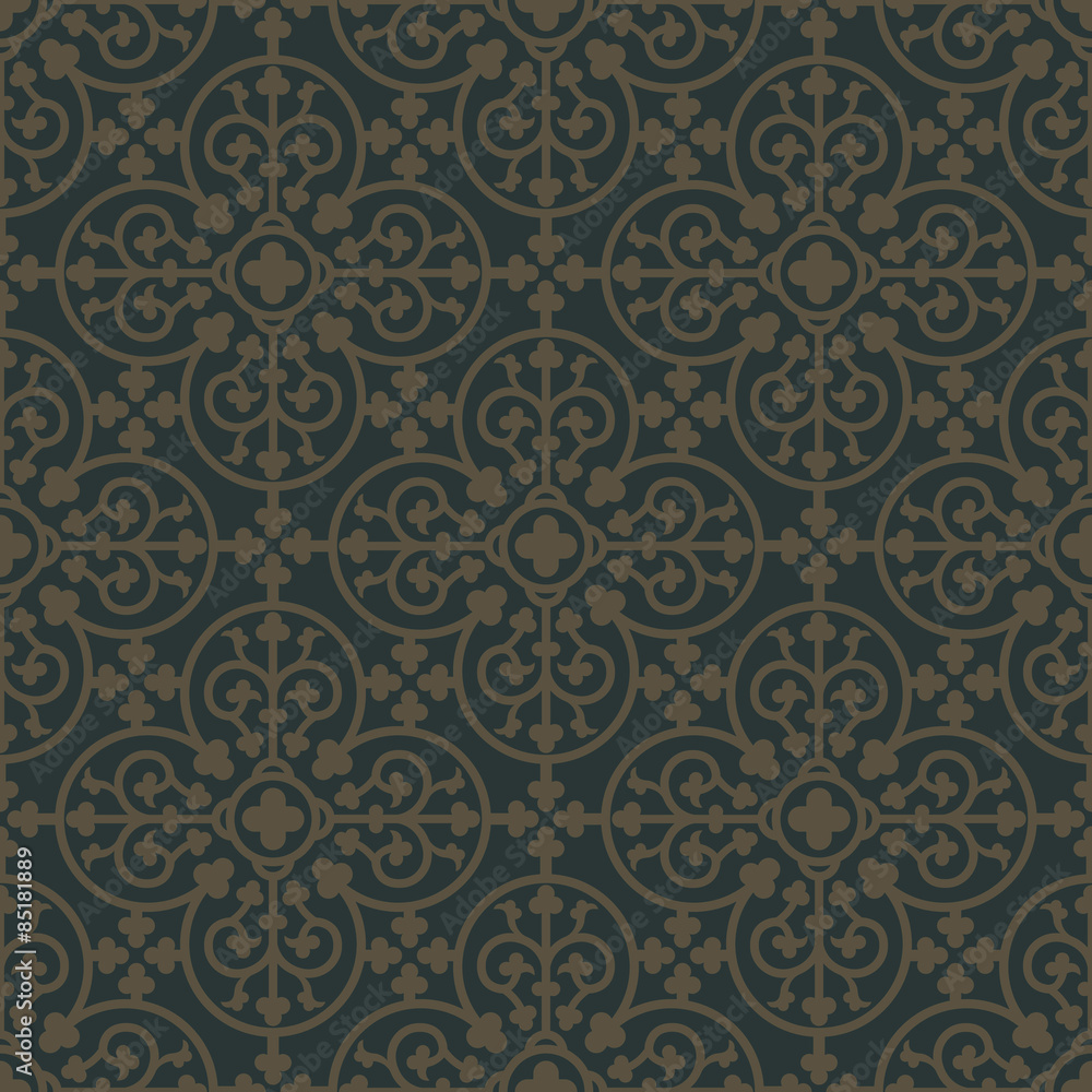 Golden seamless pattern on a dark green background. Royal elements in a gothic style. Ornament for wallpaper, fabrics, tiles and mosaics. Vector illustration Golden seamless pattern on a dark green background. Royal elements in a gothic style. Ornament for wallpaper, fabrics, tiles and mosaics. Vector illustration