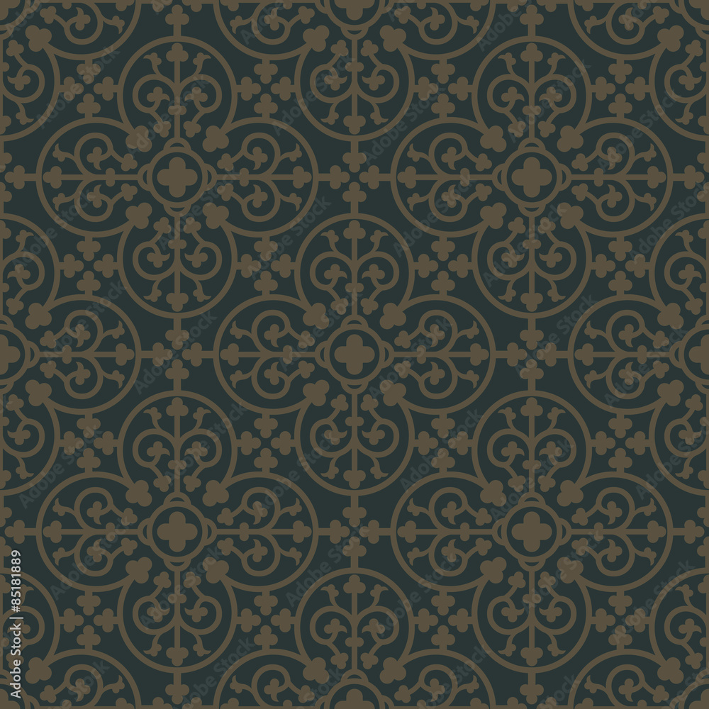 Golden seamless pattern on a dark green background. Royal elements in a gothic style. Ornament for wallpaper, fabrics, tiles and mosaics. Vector illustration