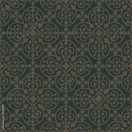 Golden seamless pattern on a dark green background. Royal elements in a gothic style. Ornament for wallpaper, fabrics, tiles and mosaics. Vector illustration