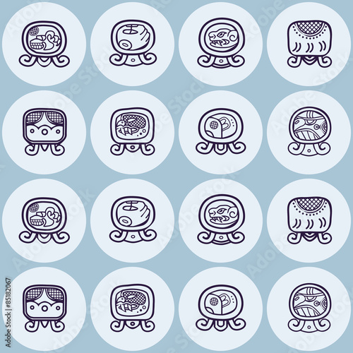 Seamless background with Maya calendar named months and associated glyphs