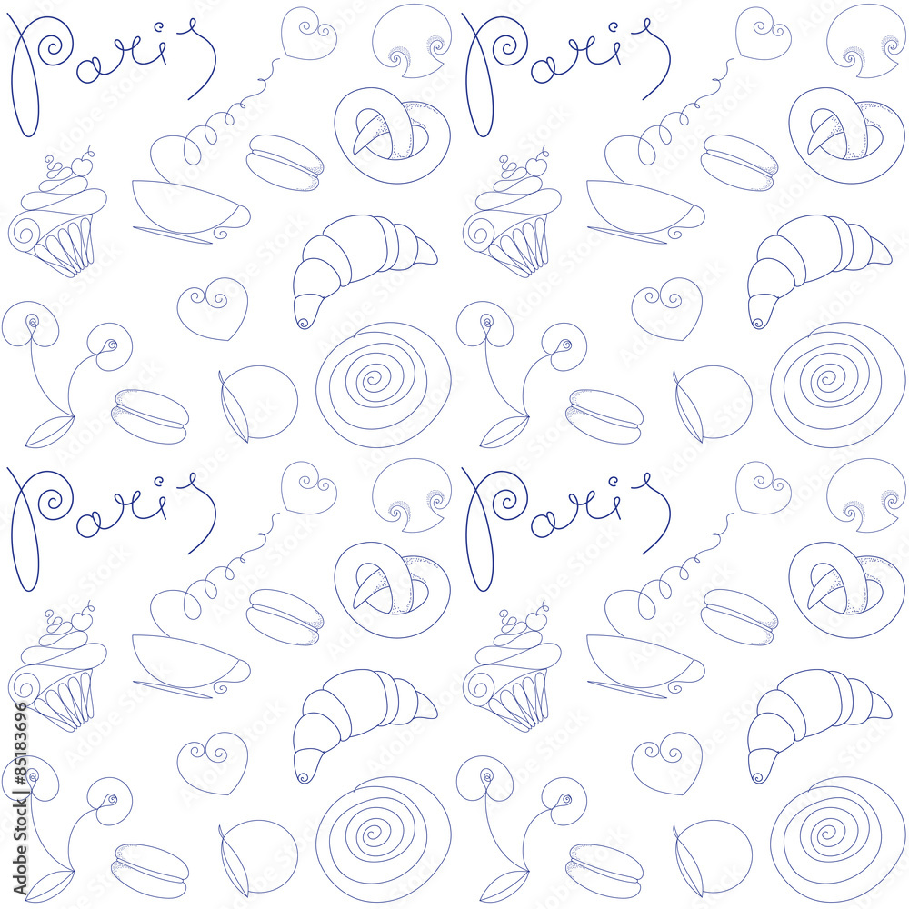 Vector hand drawn background with Paris food symbols and doodle design elements. Seamless pattern.