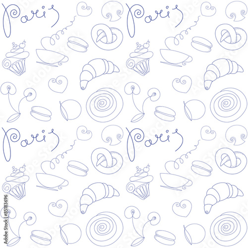 Vector hand drawn background with Paris food symbols and doodle design elements. Seamless pattern. photo