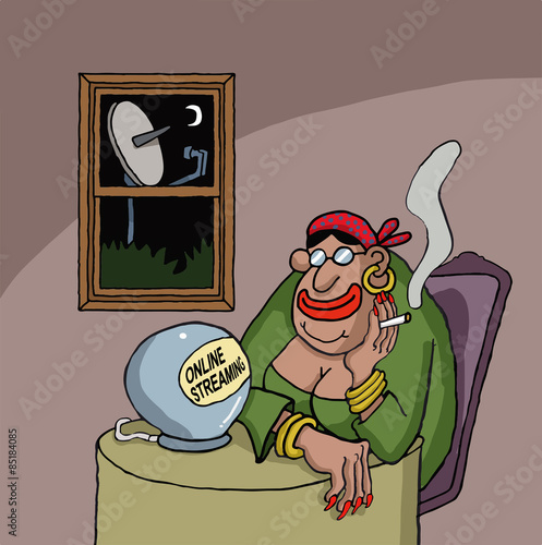 Cartoon about a fortune teller watching something online on her ball