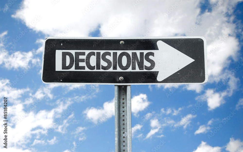 Decisions direction sign with sky background Decisions direction sign with sky background