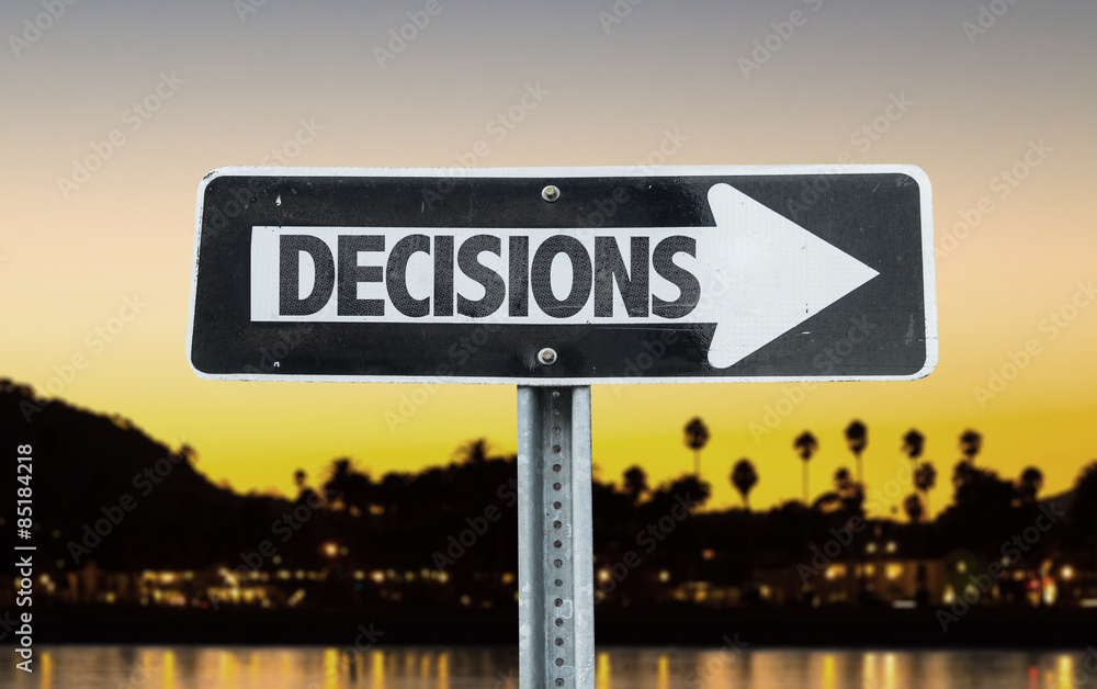 Decisions direction sign with sunset background