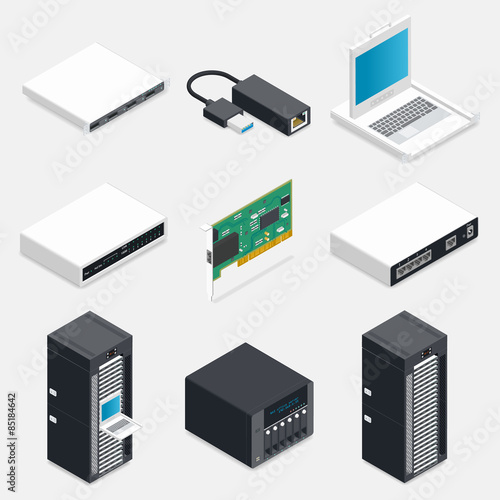 Networking isometric detailed icons set