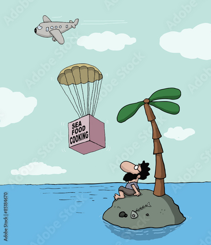Funny cartoon about desert island and seafood cooking
