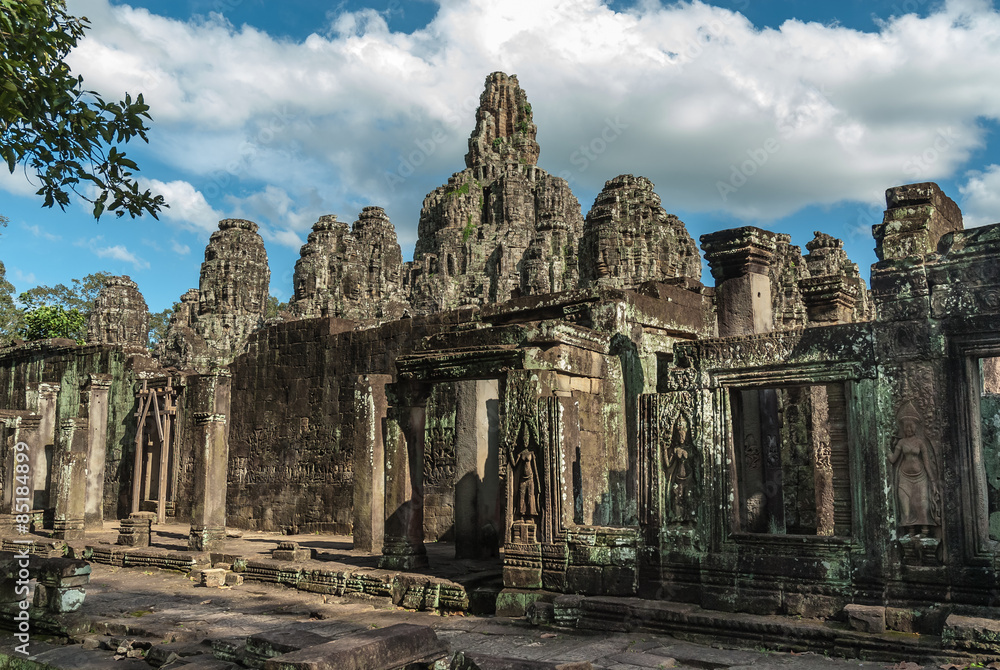 cental prasat,  Lions guards and balustrades of nagas in the temple Bayon in the archaeological angkor thom place in siam reap, cambodia